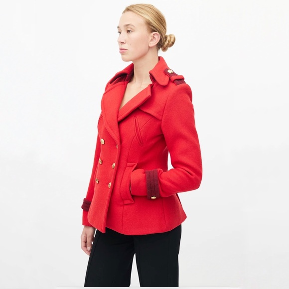 Smythe Red Double Breasted Pea Wool Coat with gold button size 4 - Picture 3 of 16